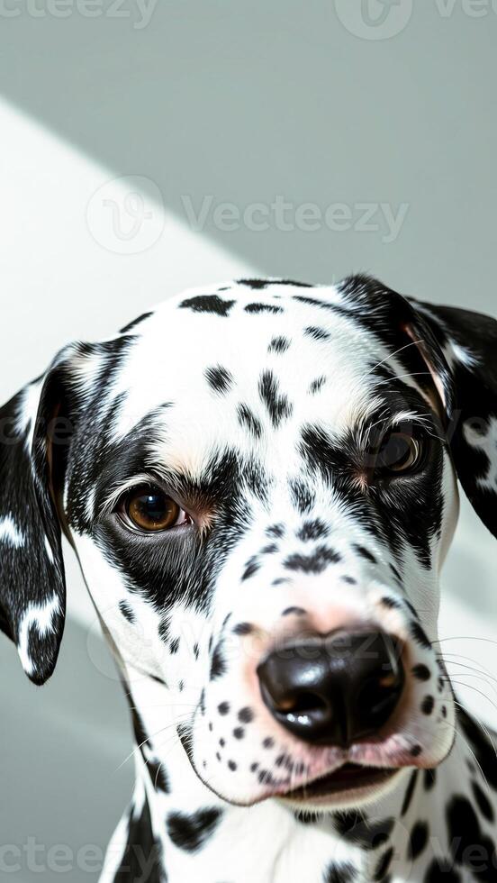 dalmatian dog with black white spots looks directly at the camera photo