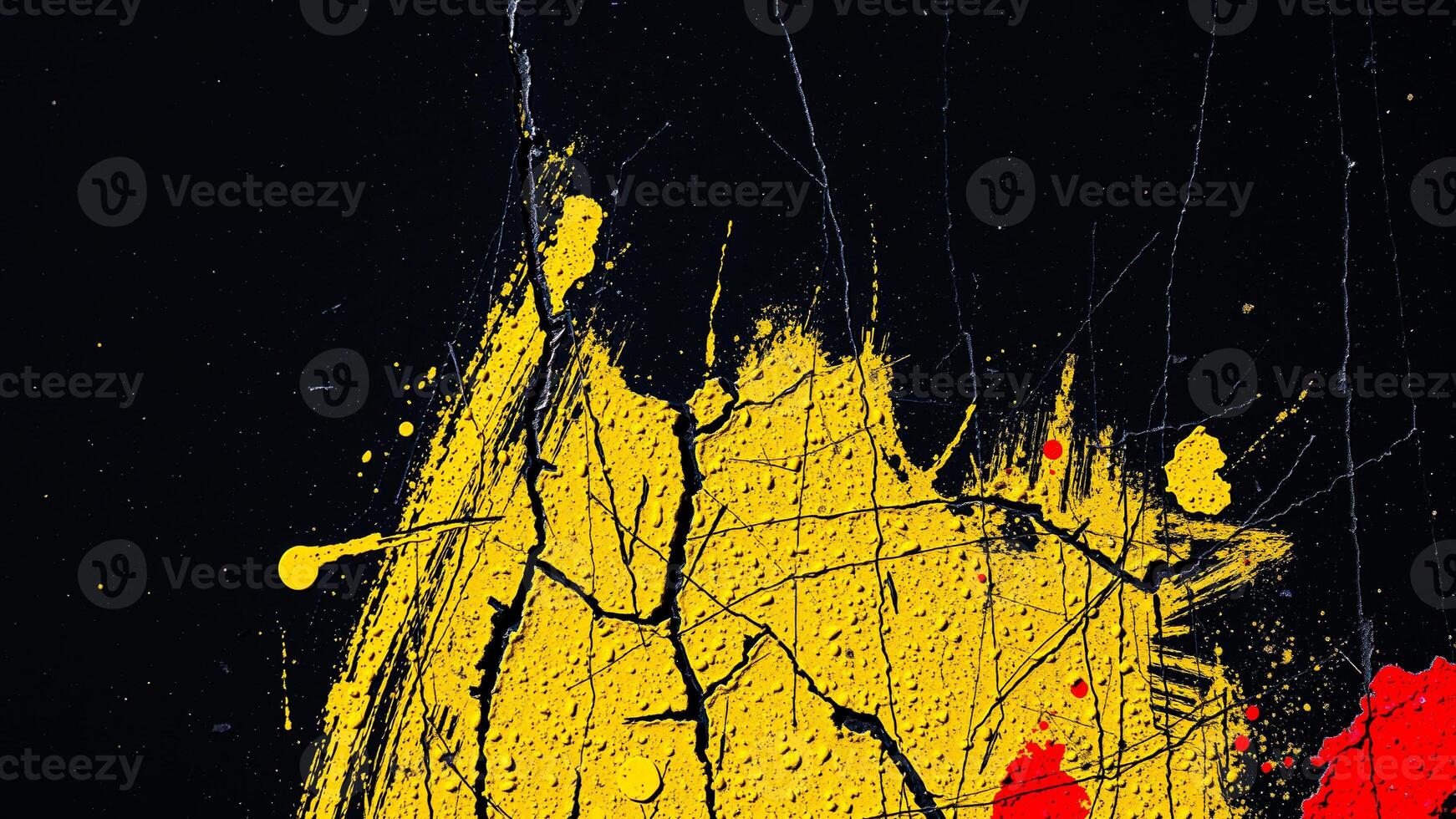 bold abstract painting with yellow red splatter on a black background photo