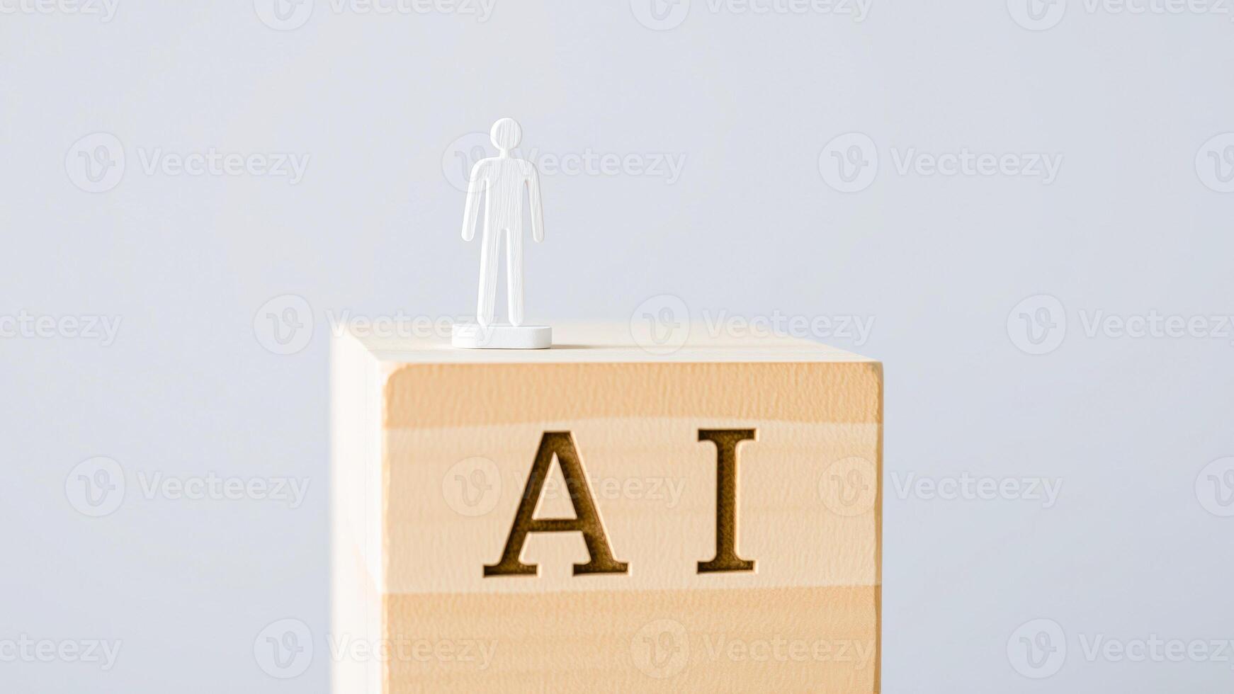 white figure stands on a wooden block with the letters photo