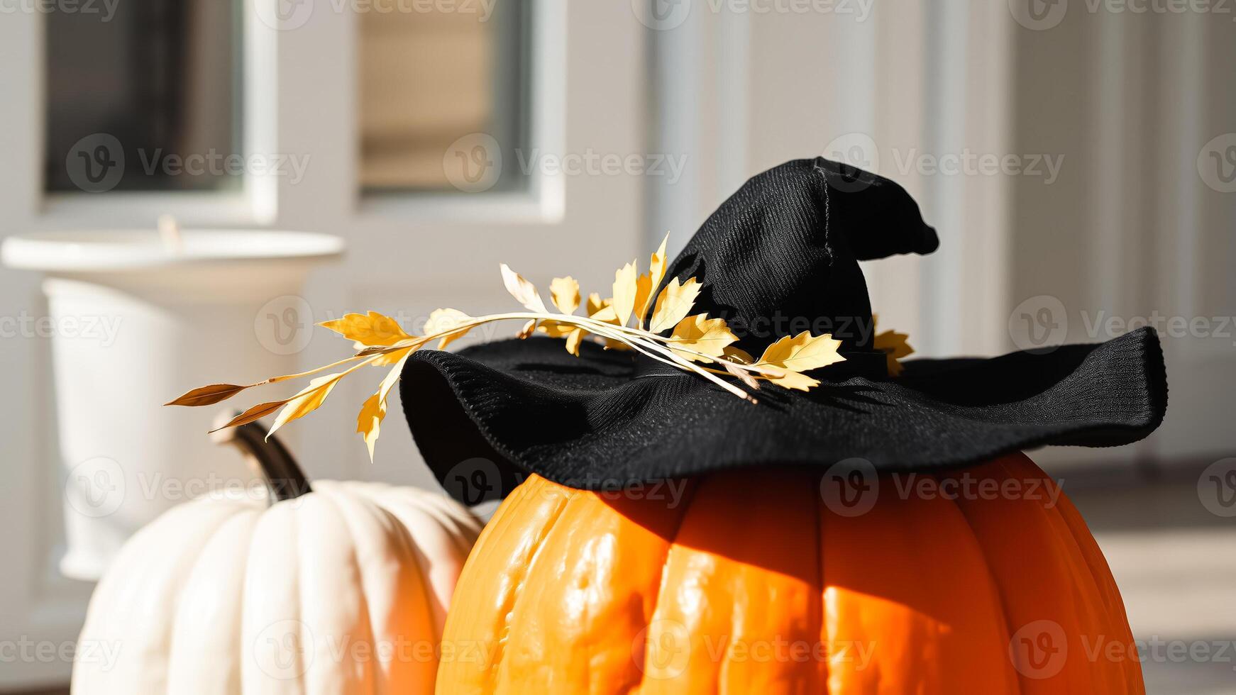 black witch hat decorates a shiny pumpkin photo