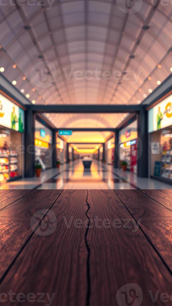 weathered wooden surface with blurred background a lighted shop corridor photo