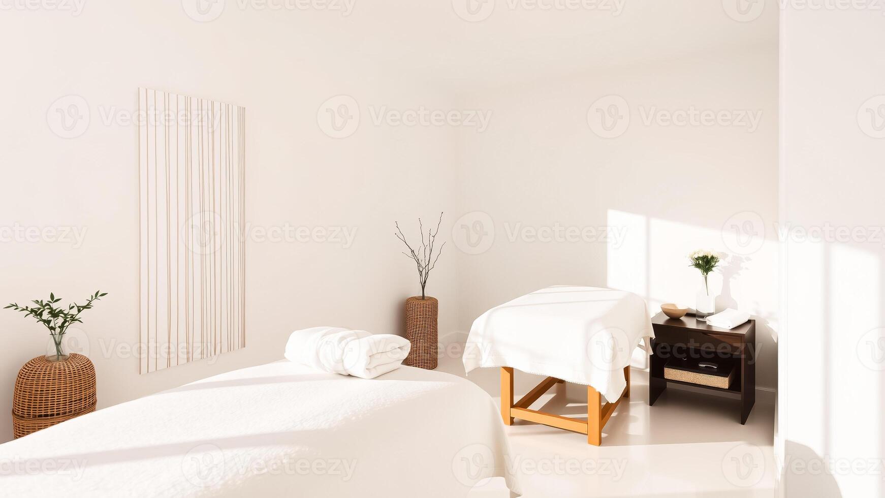 minimalist treatment room with a white table wooden stool photo