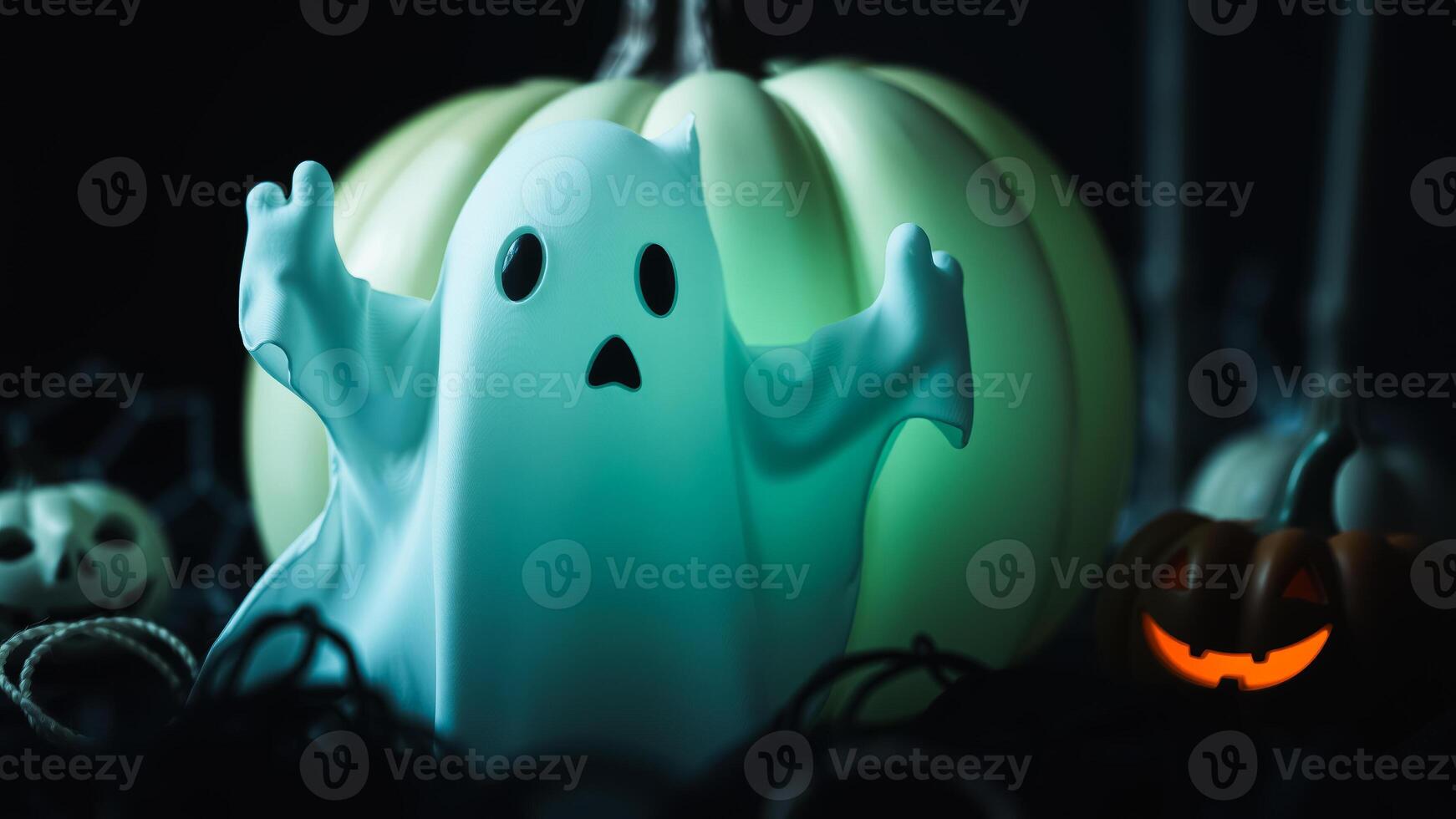 glowing ghost figurine with pumpkin decorations photo