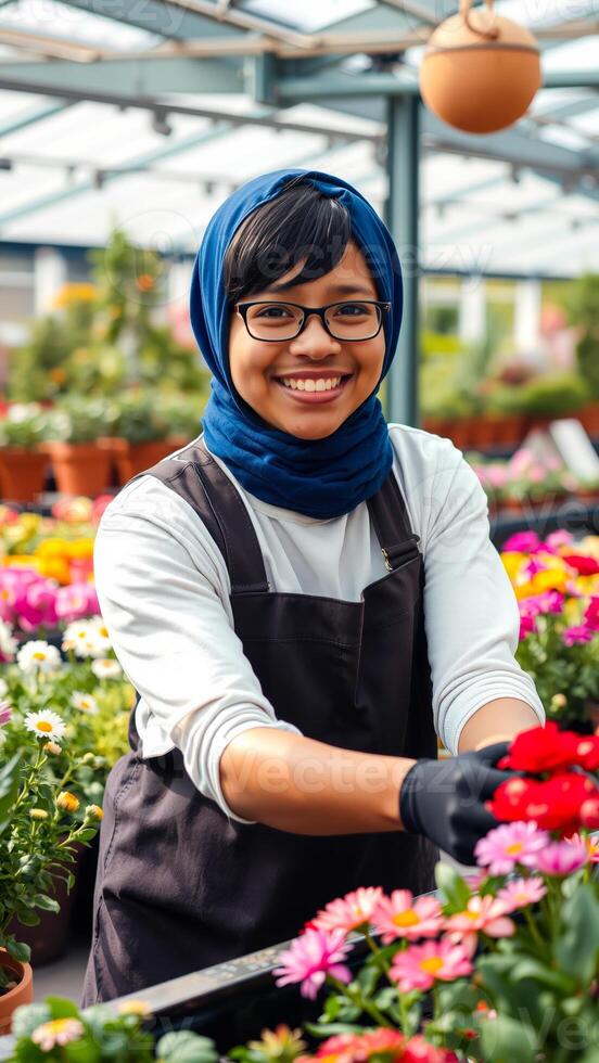 young gardener tends colorful flowers a greenhouse photo