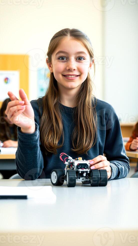 young student shows off her toy car a classroom photo