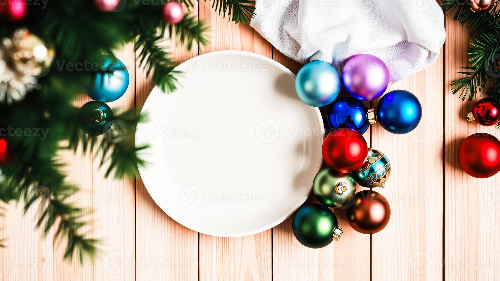 white plate with festive ornaments on a wooden surface photo