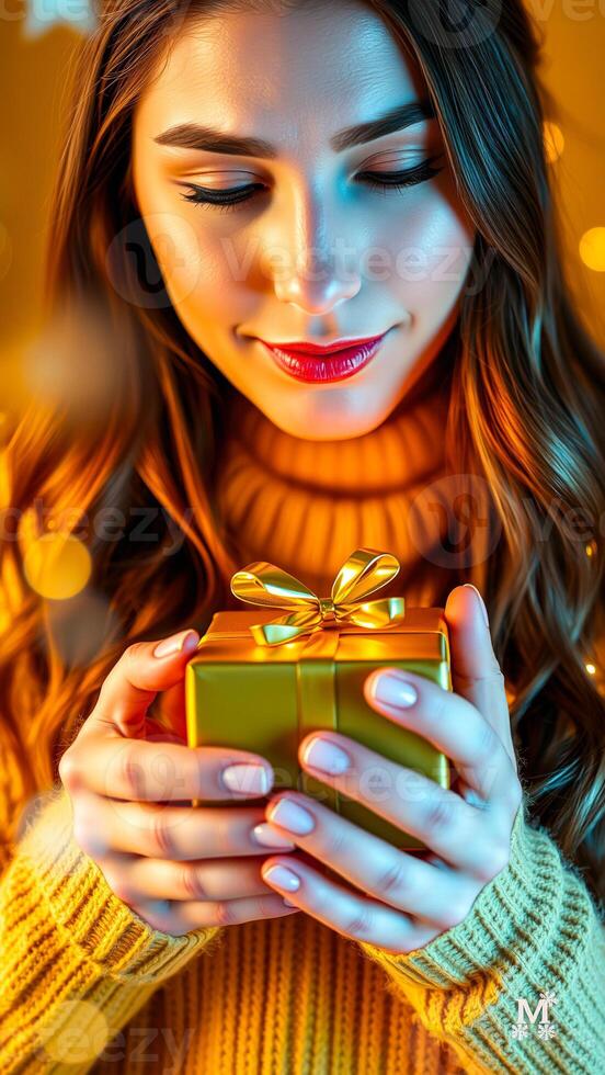 woman a yellow sweater holds a gold gift box photo
