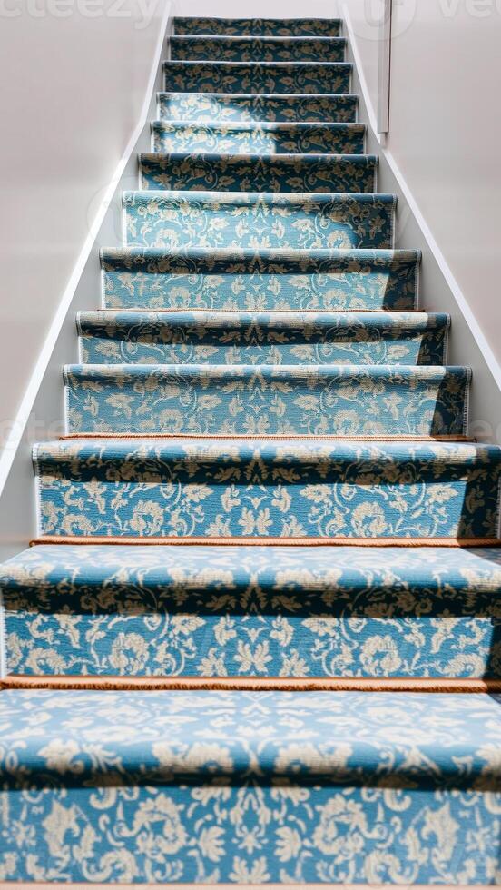 blue patterned carpet on a set stairs with a white railing wall photo
