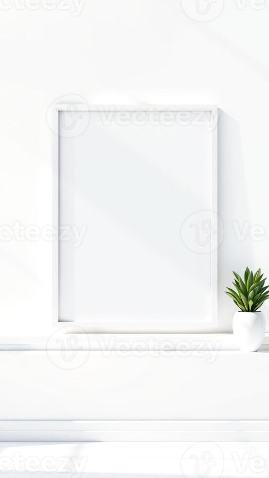 white room with an empty frame a green plant photo