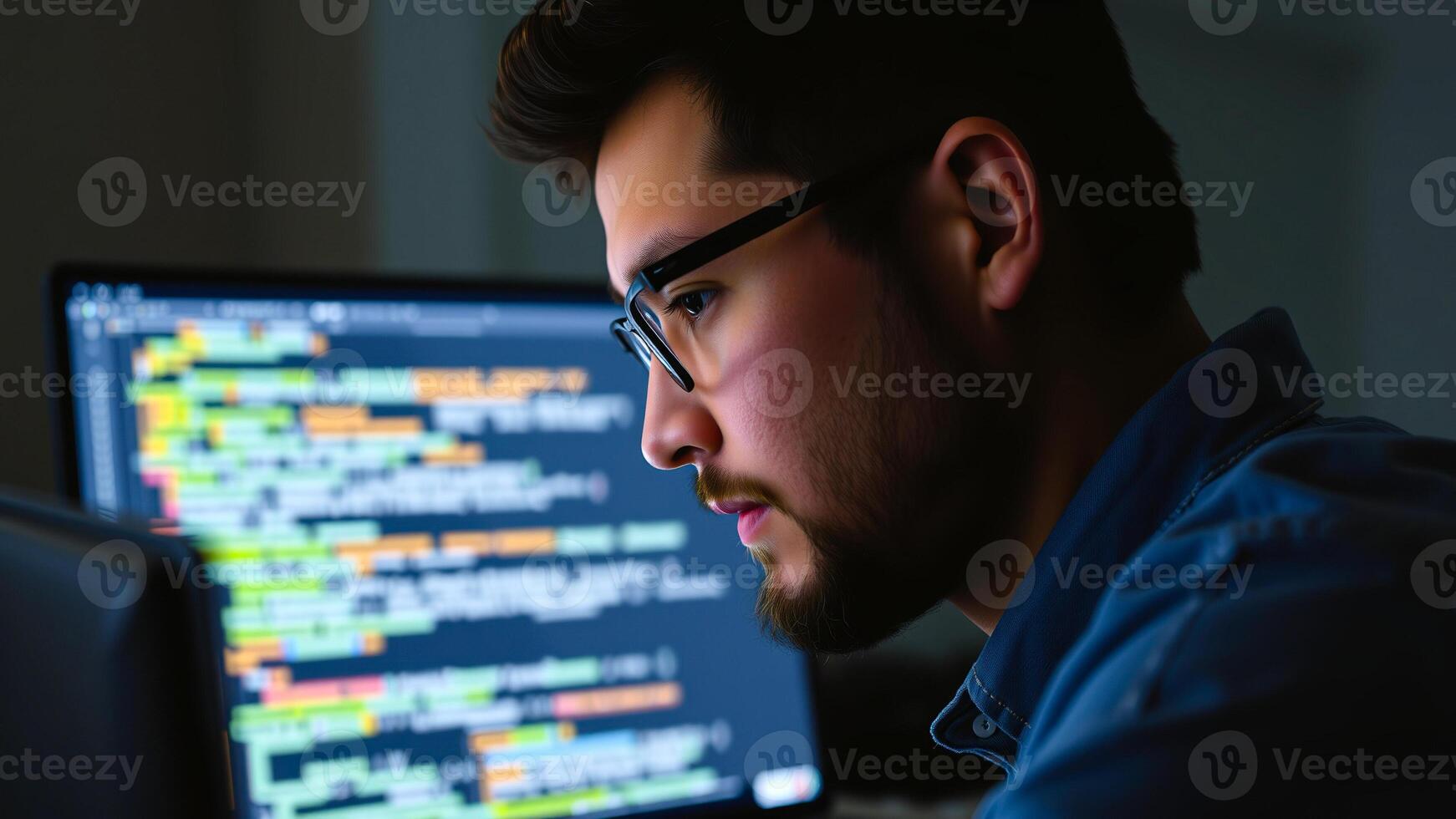 young man with glasses intensely focuses on lines code displayed on his computer screen. photo