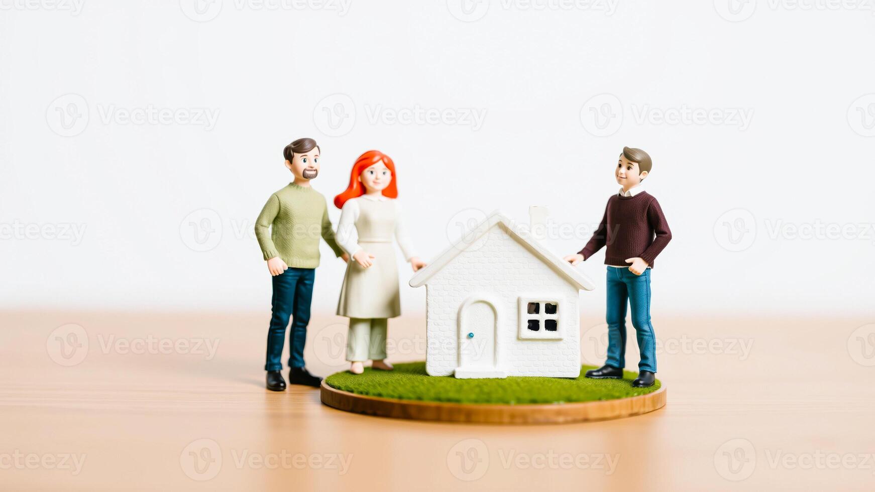 three miniature figurines stand before a tiny white house photo