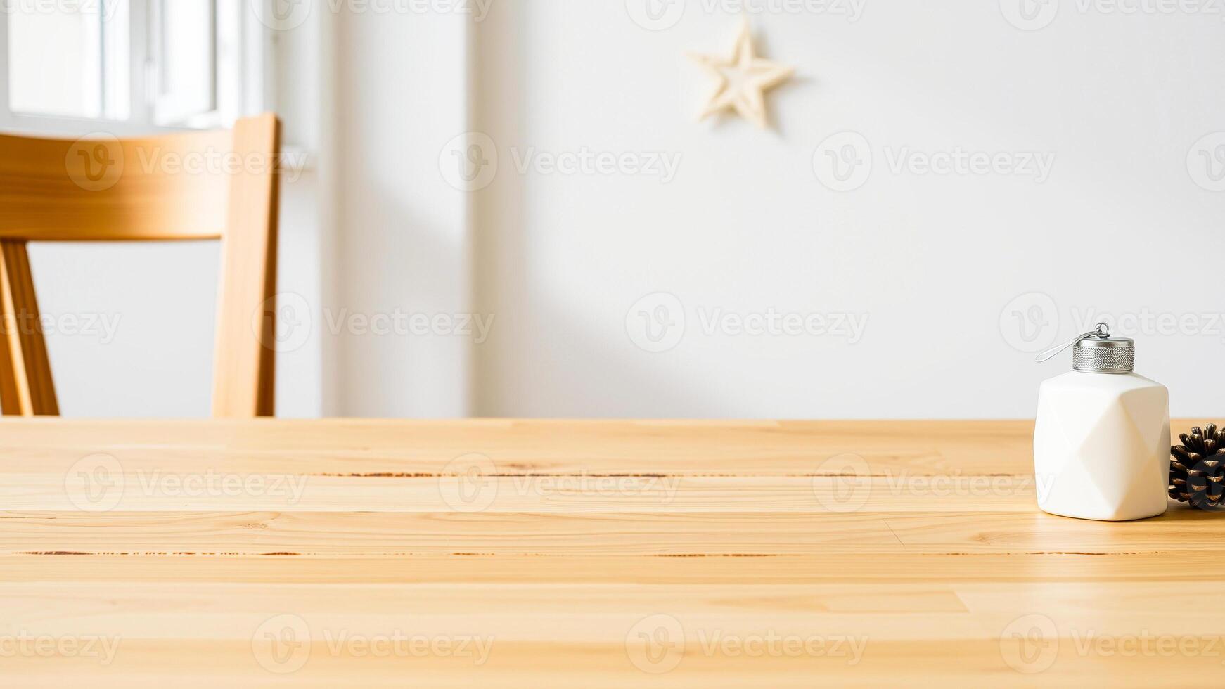 geometric white ornament a pine cone rest on a wooden table photo