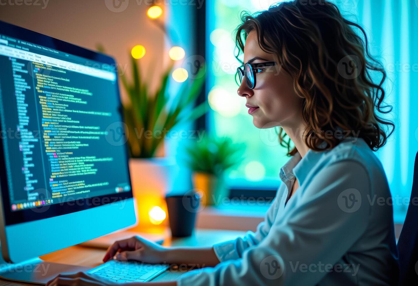 focused woman codes at a desk photo