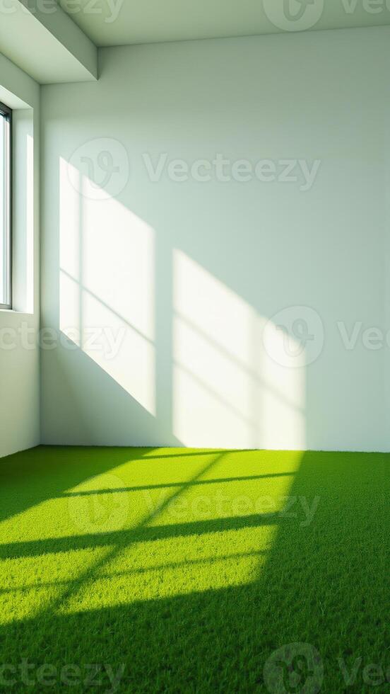 sunlight streams through a window onto a green carpet a white room photo