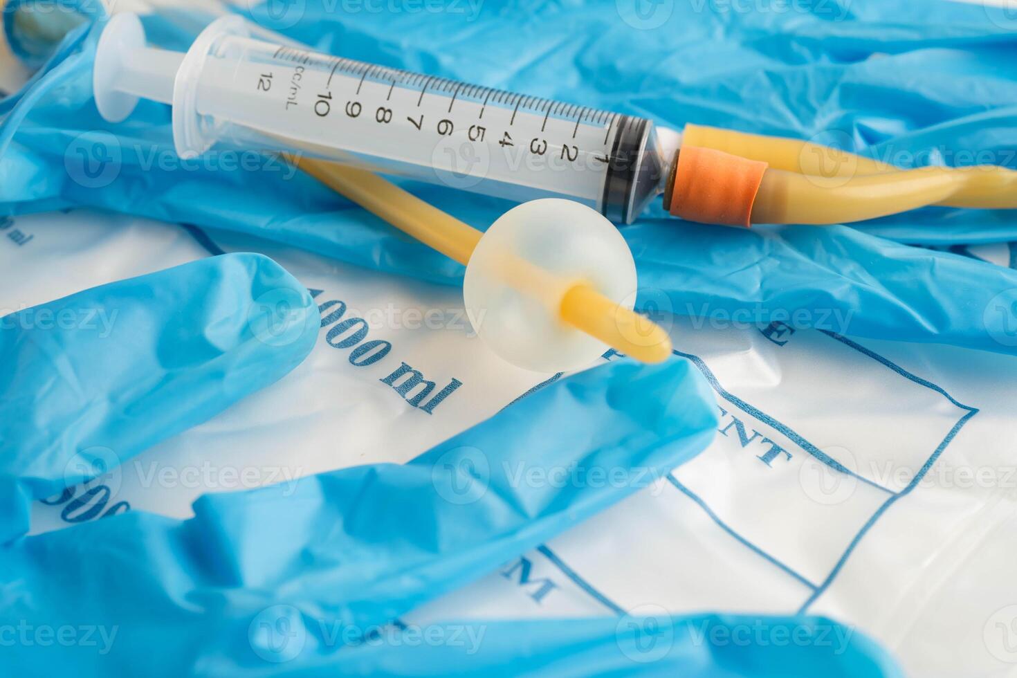 Foley catheter and urine drainage bag collect urine for disability or patient in hospital. photo