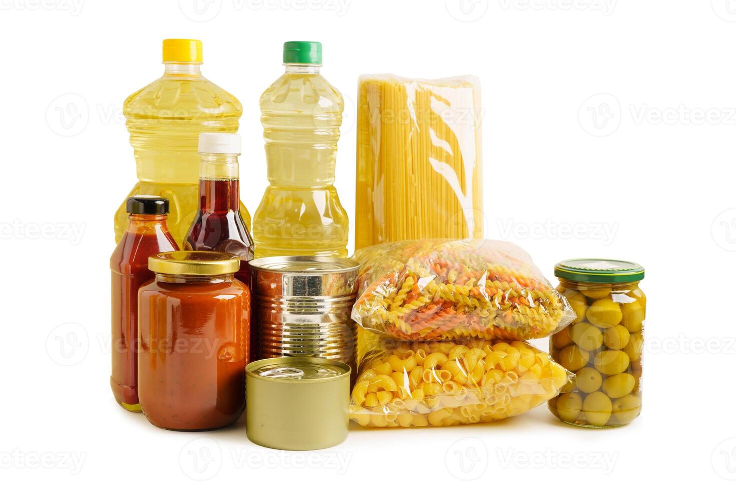 Foodstuffs in donation box isolated on white background with clipping path for volunteer to help people. photo