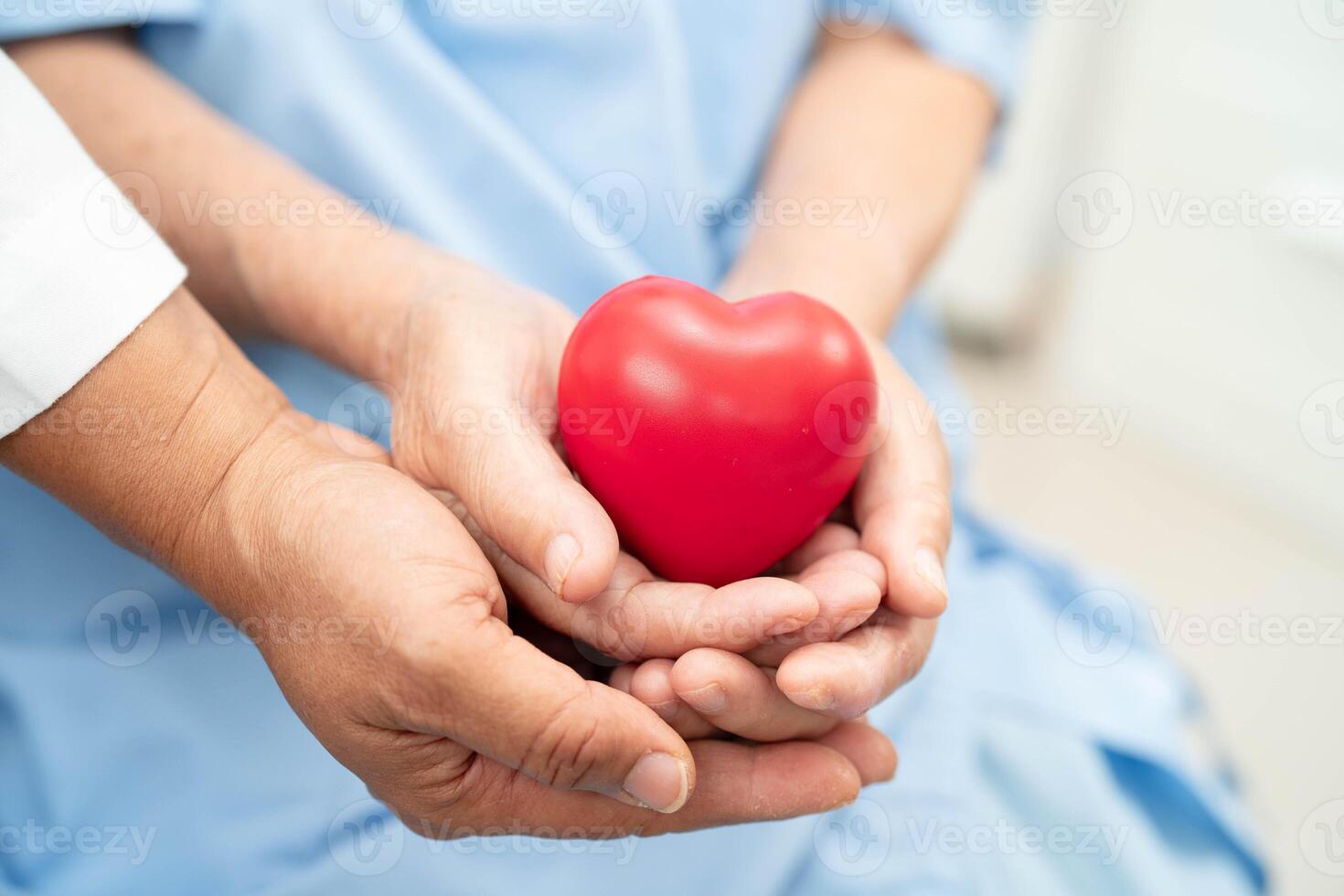 Asian elder senior woman patient holding red heart in hospital. photo