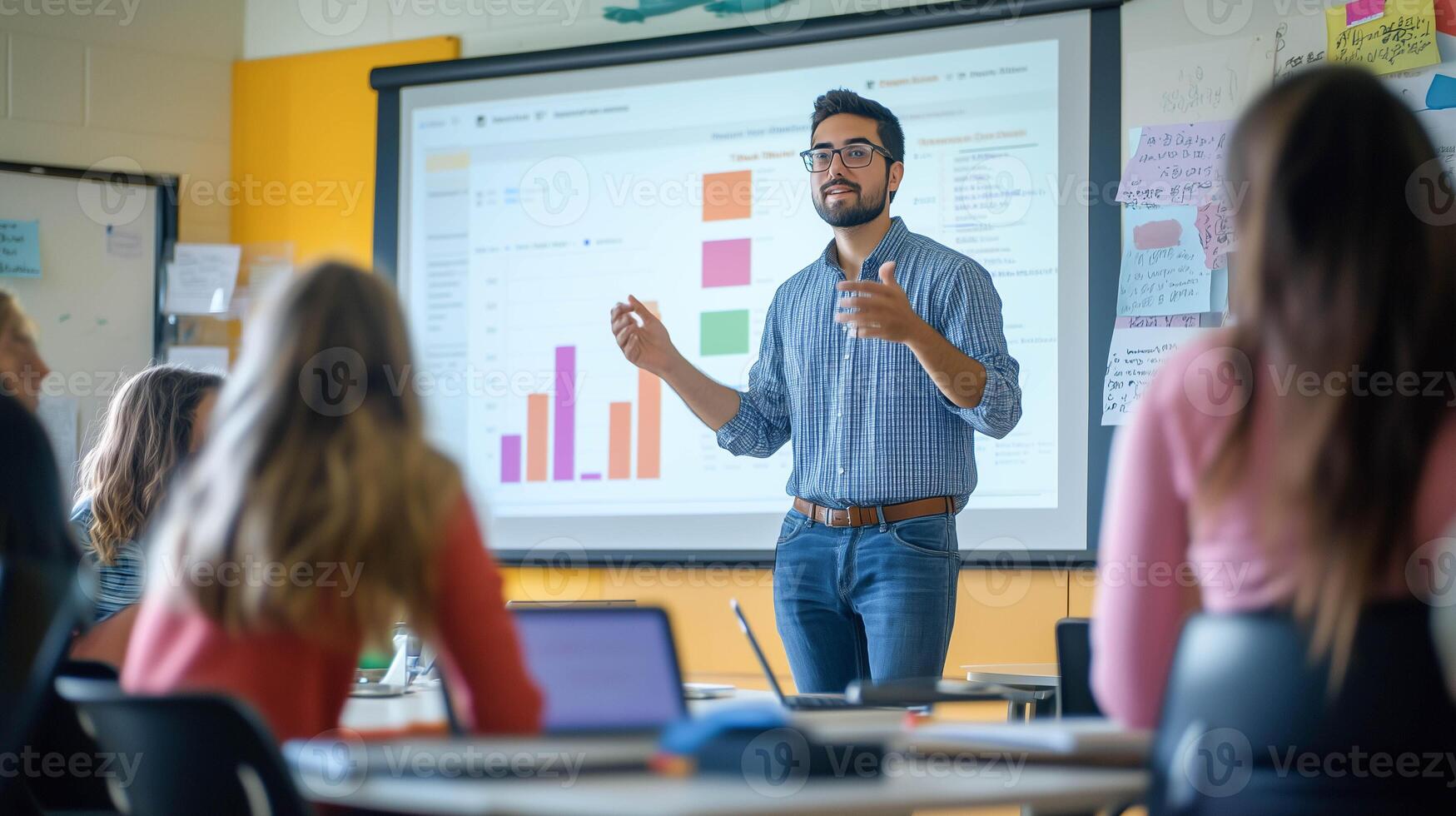 Student learning static with graph from screen presentation in classroom education. photo