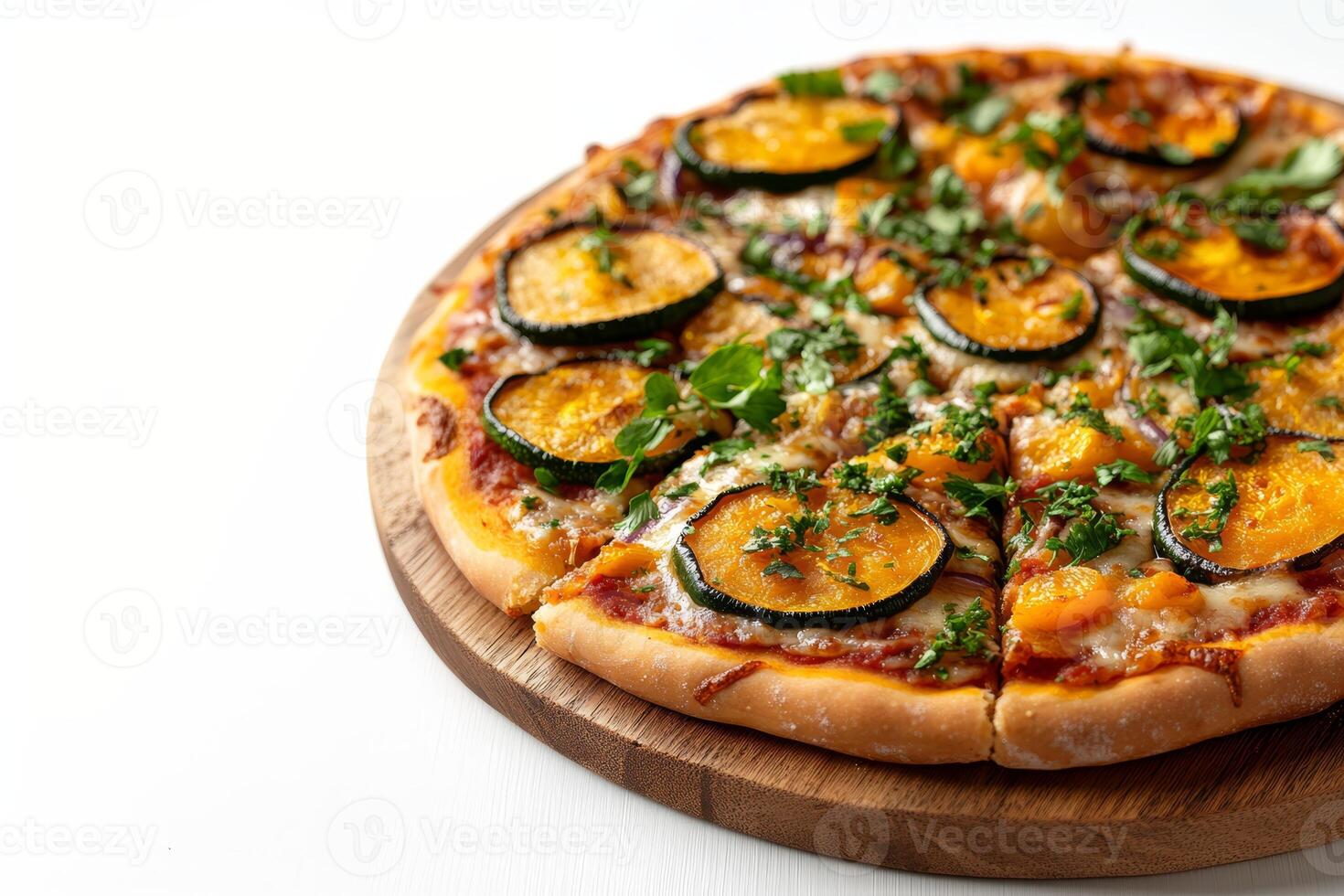 Close up of vegan pizza topped with zucchini, photo