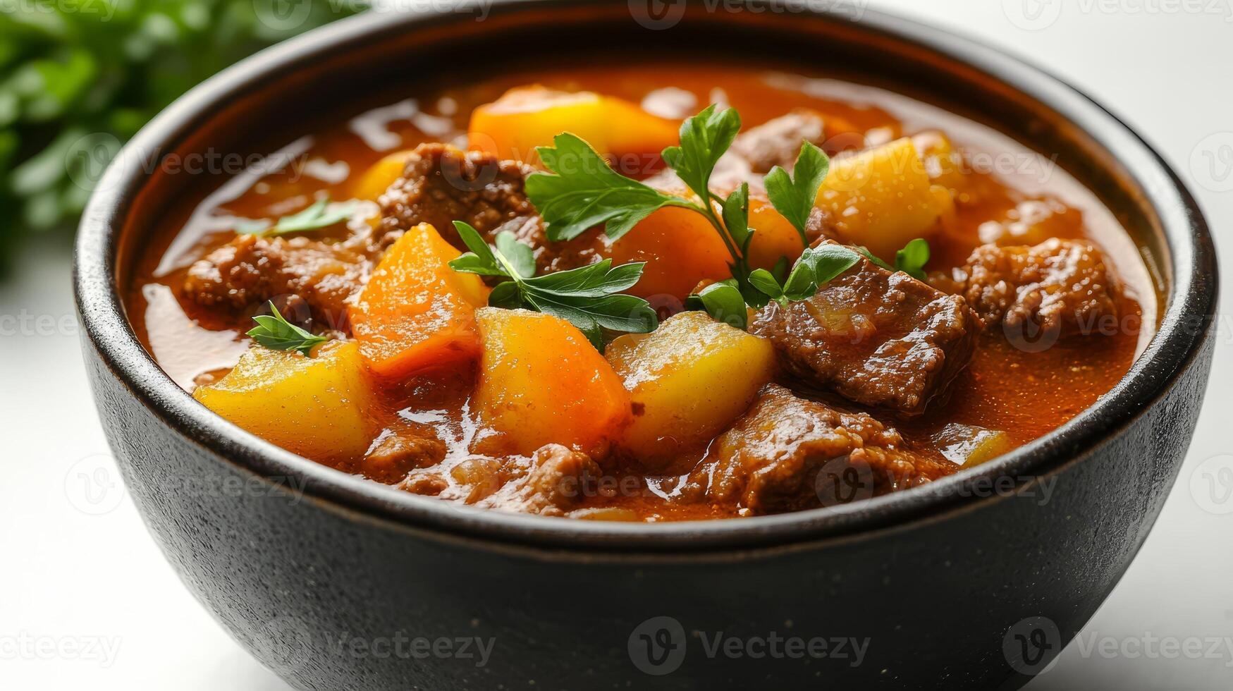 Close up of hearty beef stew with chunks of meat photo