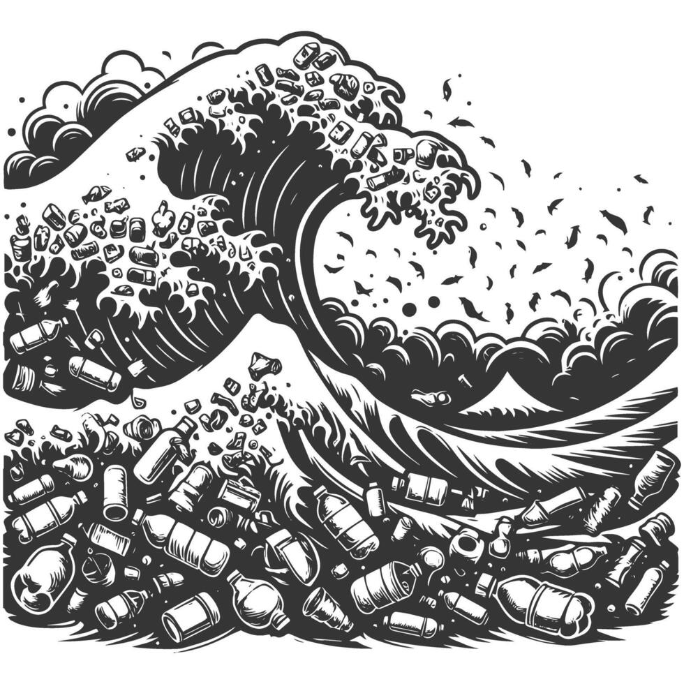 The great wave off kanagawa, garbage, trash, trash can, trash, trash, vector
