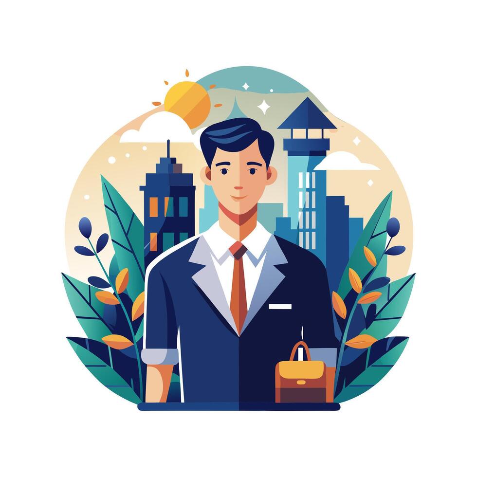 Businessman with suit and tie standing in front of city skyline vector
