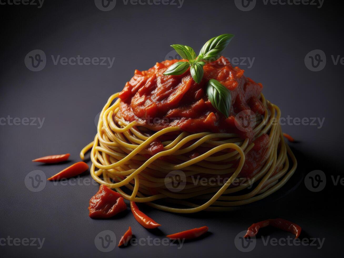 A plate of spaghetti with tomato sauce and basil leaves photo