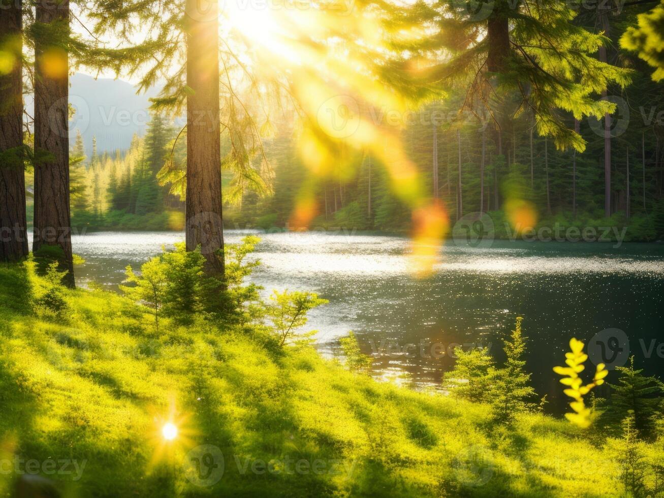 The sun shines through the trees in a forest photo