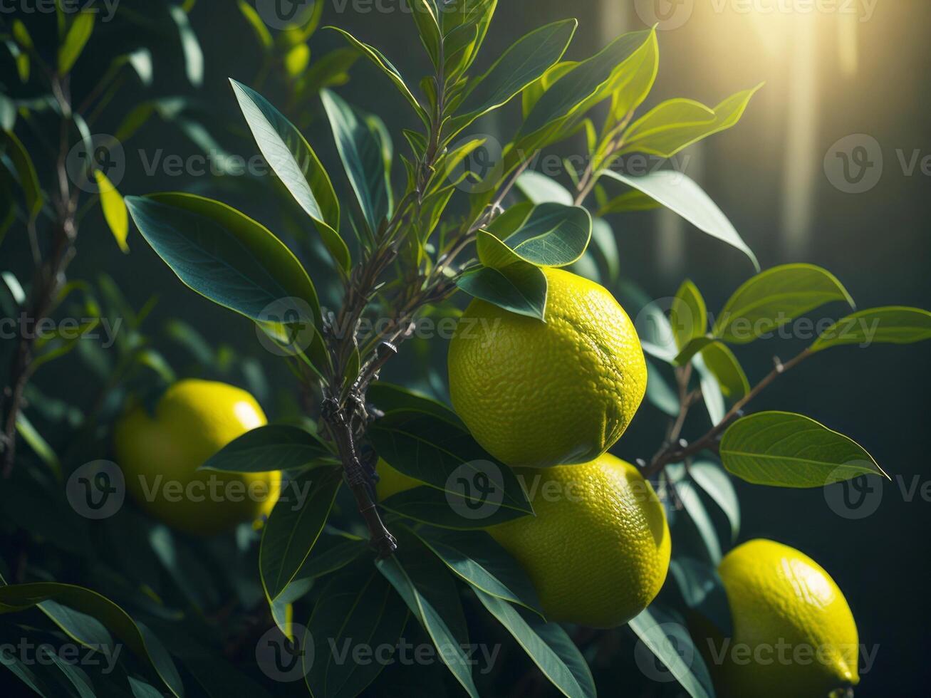 Lemon tree with ripe lemons on a dark background photo