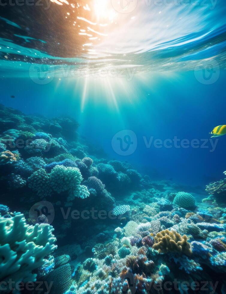 Underwater view of coral reef with sun rays photo