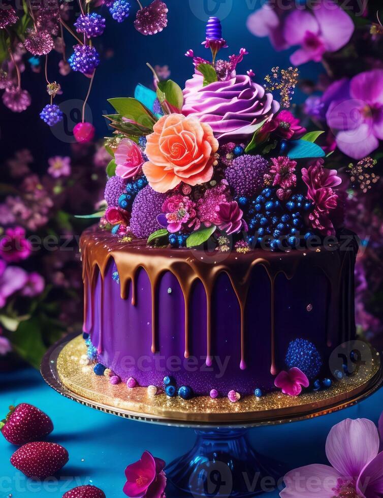 A purple cake with flowers and berries on a blue background photo