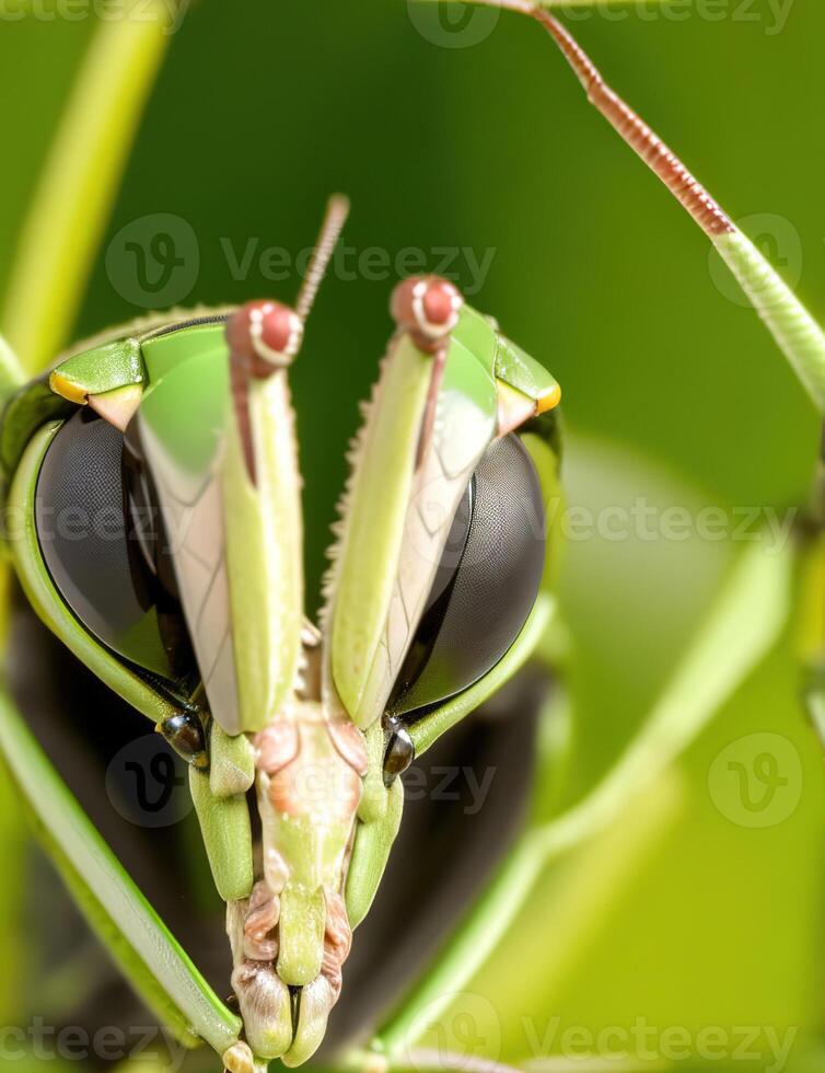 A close up of a green insect with large eyes photo