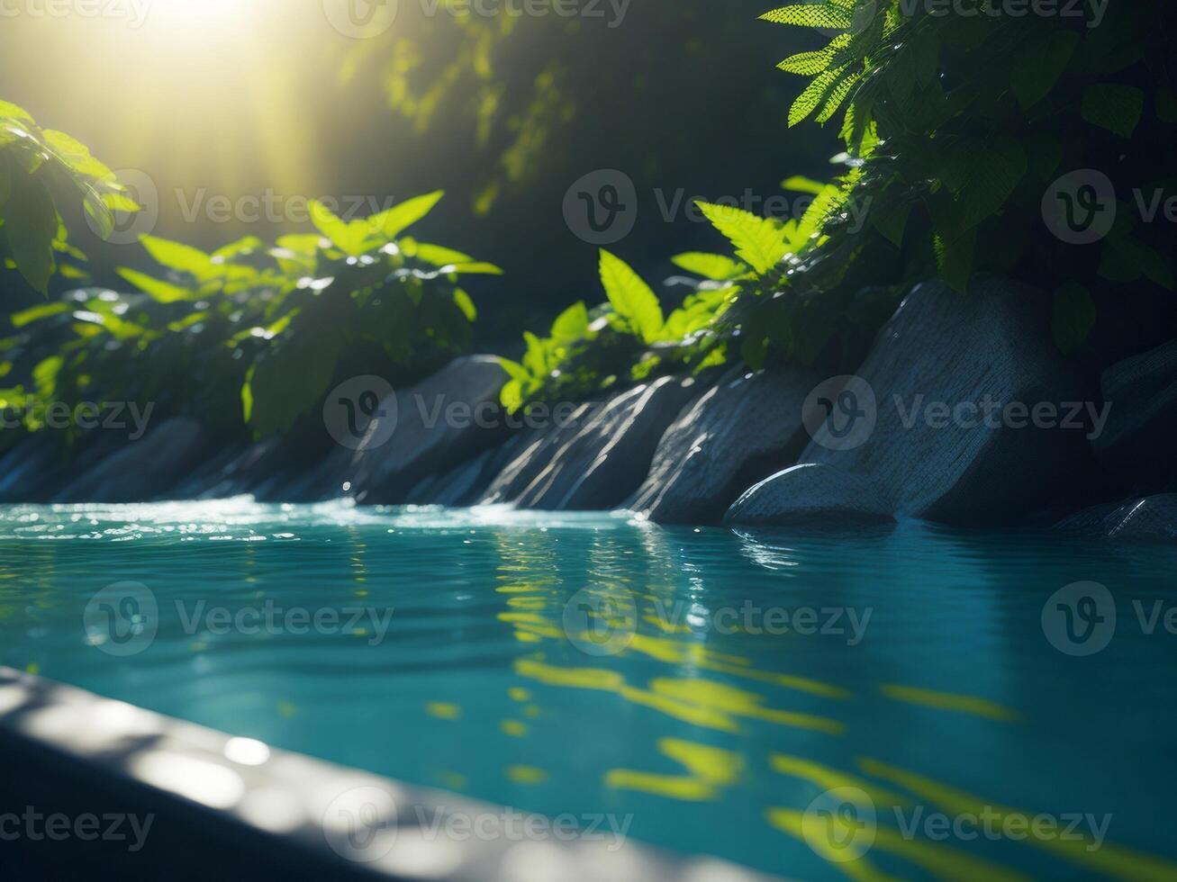 A pool with water and rocks in the sun photo