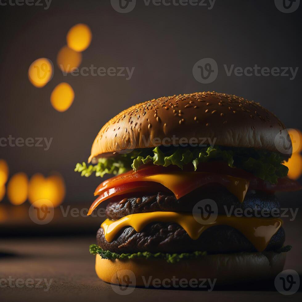 A large hamburger with cheese and tomatoes on a table photo