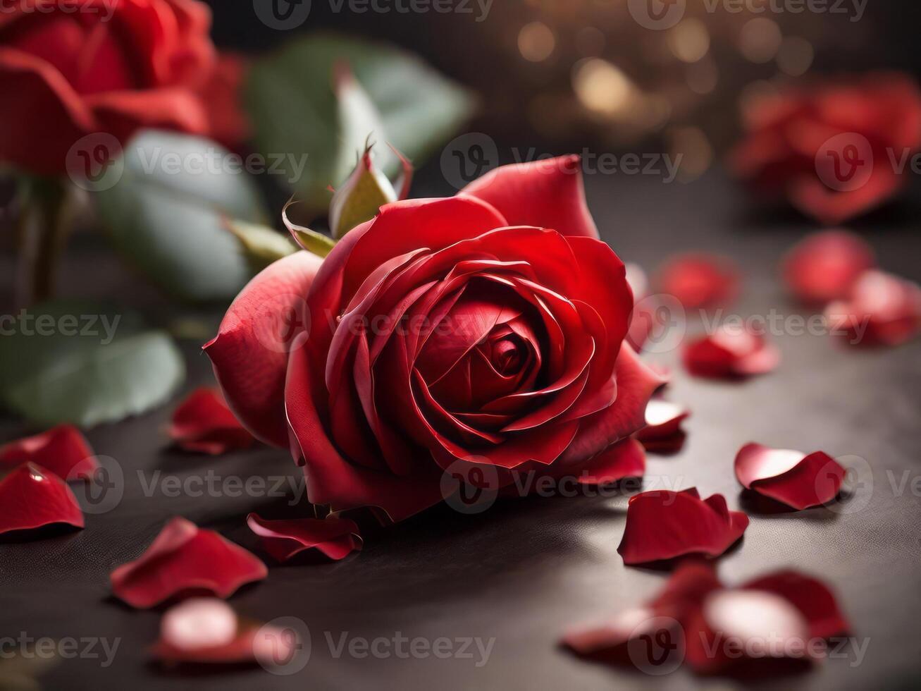 Red rose on black background with petals photo