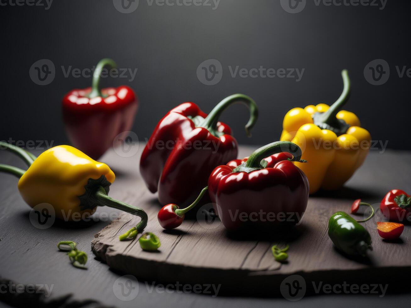 Colorful peppers on a wooden board photo