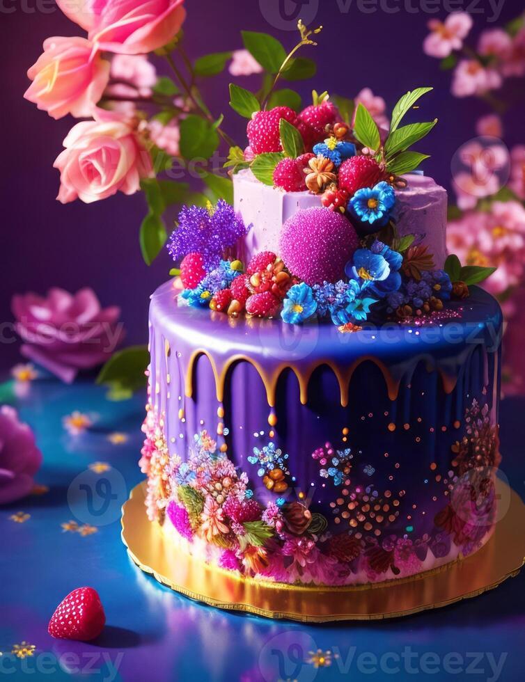A purple cake with flowers and berries on a blue background photo