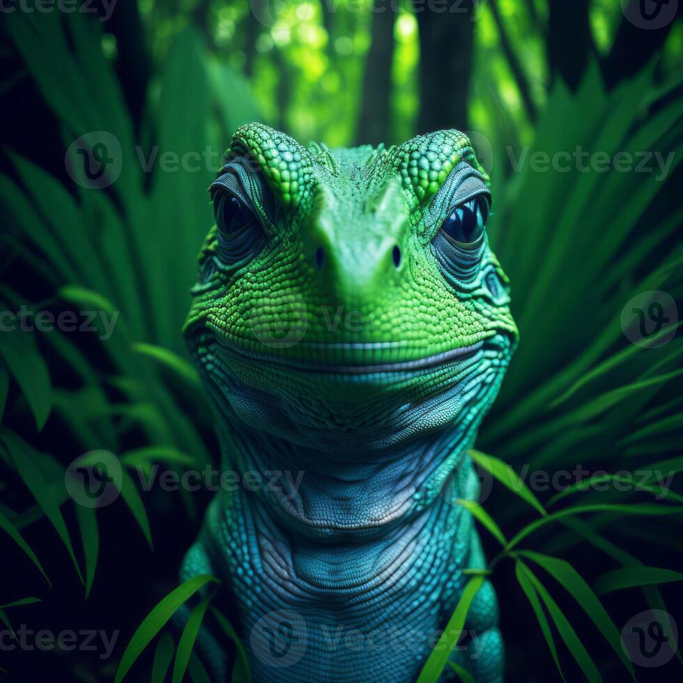 An iguana is looking at the camera in the jungle photo