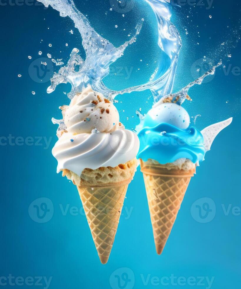 Ice cream and blue water splash in ice cream cones photo