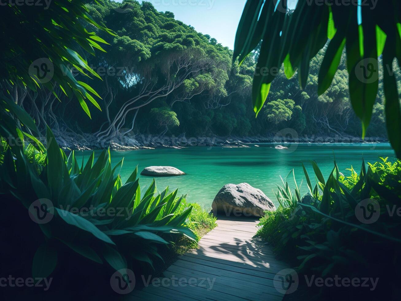 A path leads to a body of water surrounded by lush vegetation photo