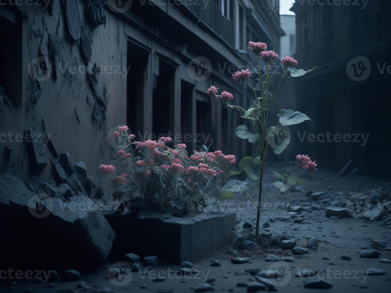 A flower growing in a concrete potted plant in a dark alley photo