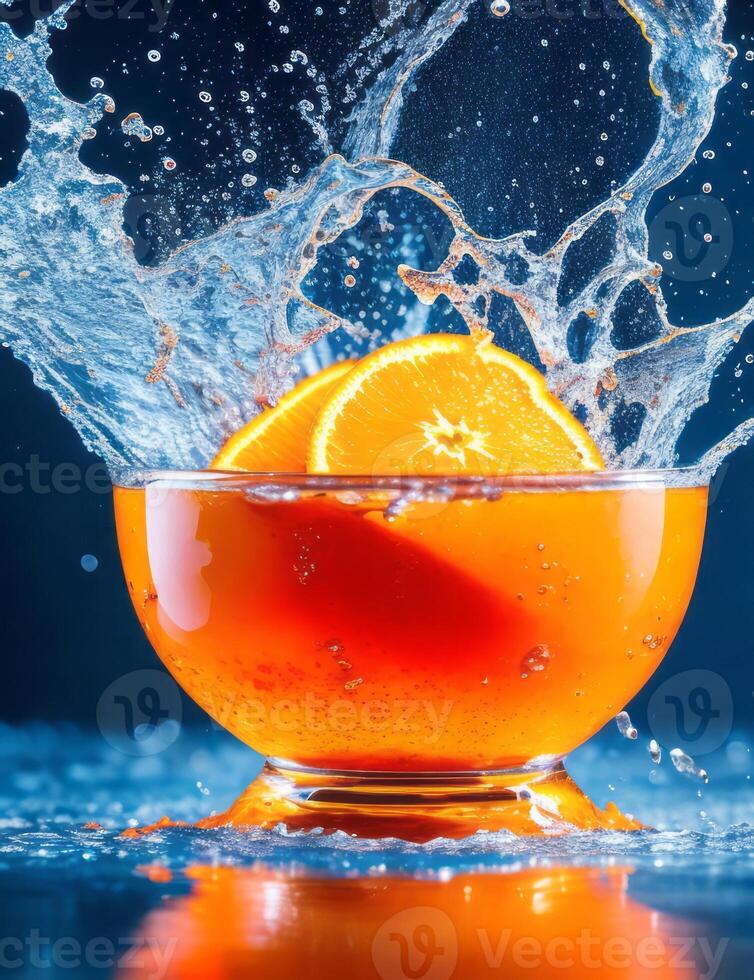 Orange juice splash with water on a blue background photo