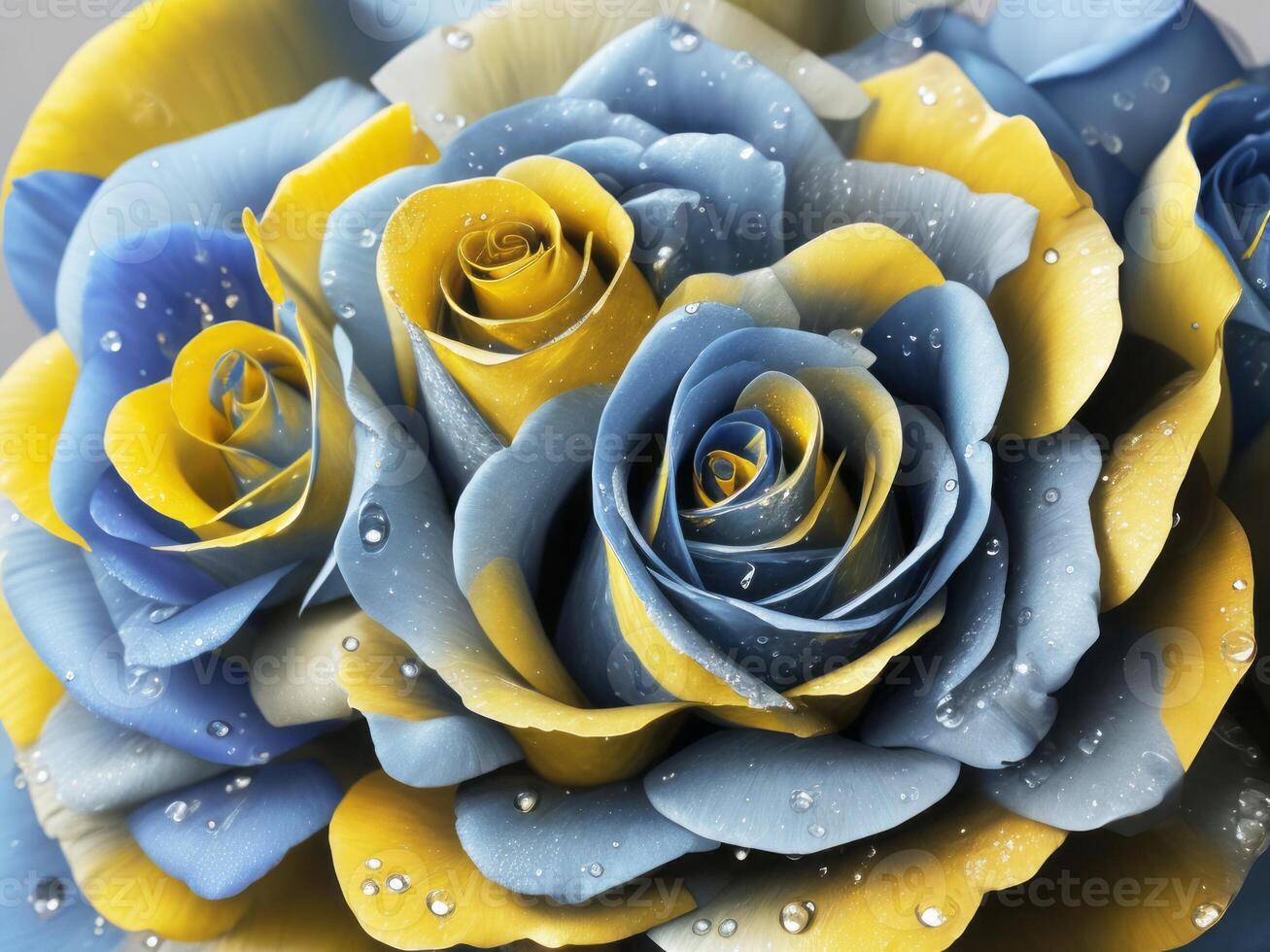 Blue and yellow roses with water droplets on them photo