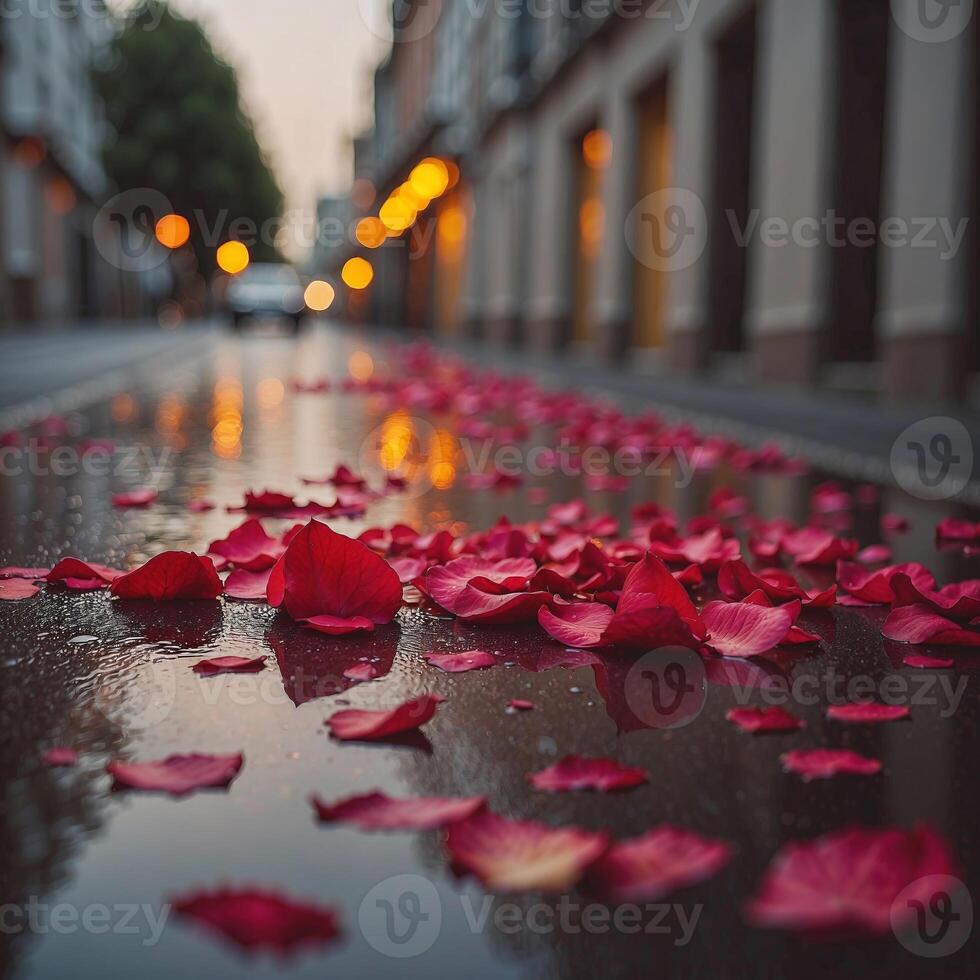 A wet street with petals on the ground photo