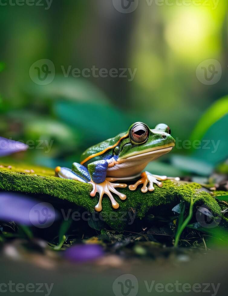 A frog sitting on a mossy branch in the forest photo