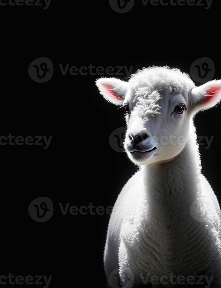 A white lamb is standing in the dark photo