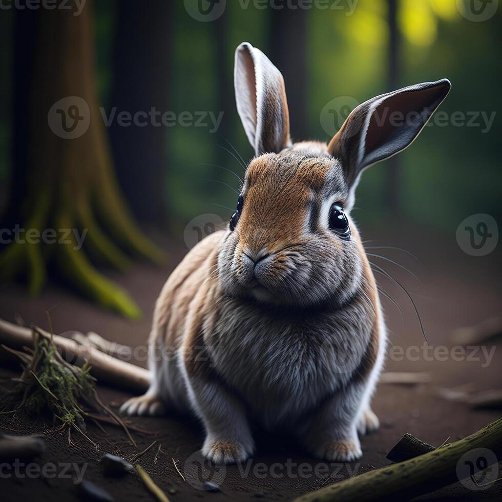 A rabbit is sitting in the woods photo