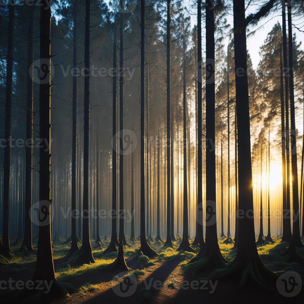 A forest with trees and sun shining through photo