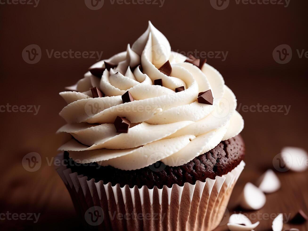 A cupcake with white frosting and chocolate chips photo