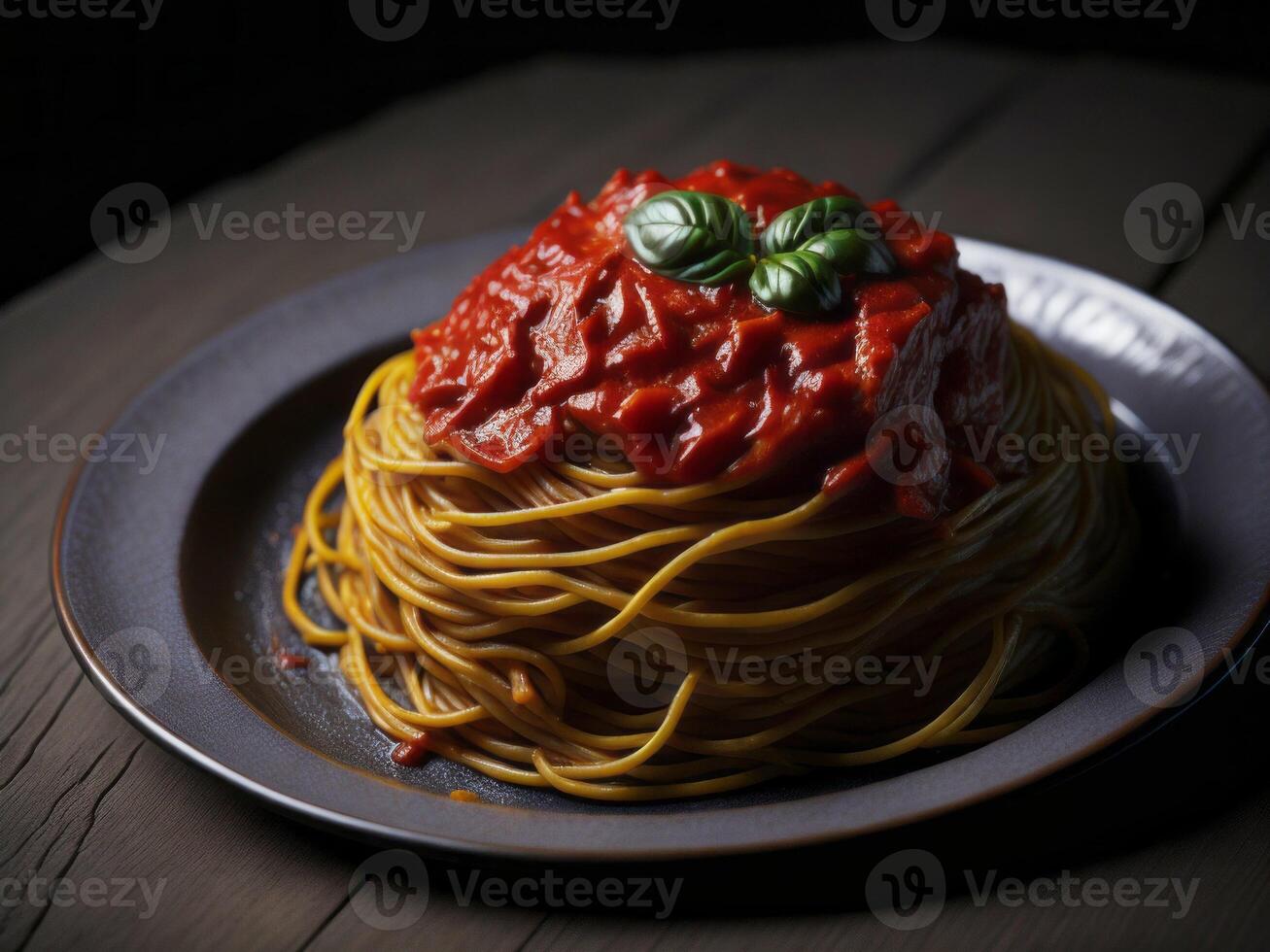 A plate of spaghetti with tomato sauce on top photo